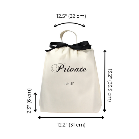 Bag-all Private Stuff Large Bag in cream with black bow, featuring elegant script text, dimensions 32x31cm. Spacious cotton organizing bag with handle for storage and travel.