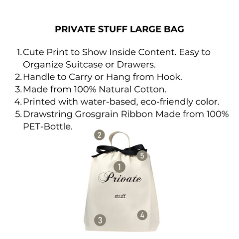 Bag-all Private Stuff Large Bag in cream cotton with black ribbon handle, eco-friendly text print, perfect for organizing personal items and travel storage