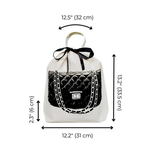 Bag-all Quilted Handbag Travel Bag in cream with black designer bag illustration, elegant black bow tie closure, featuring dimension markers - perfect for stylish purse storage and protection