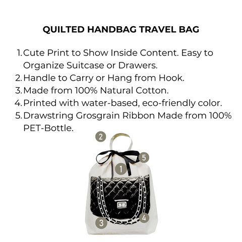 Bag-all Quilted Handbag Travel Bag in cream with black handbag print, eco-friendly cotton storage bag featuring drawstring closure and hanging hook, perfect for organizing and protecting designer purses