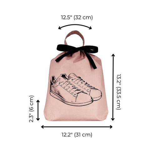 Bag-all Tennis Sneaker Shoe Bag in pink cotton with black sneaker illustration, featuring black ribbon drawstring closure and handle, perfect for protecting footwear