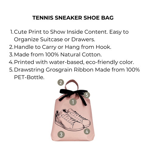 Bag-all Tennis Sneaker Shoe Bag in Pink/Blush, featuring eco-friendly cotton construction, sneaker print design, recycled drawstring closure, and carrying handle for organized travel and storage