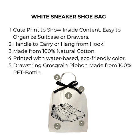 Bag-all White Sneaker Shoe Bag in cream cotton featuring sneaker print design, recycled drawstring closure and carry handle, perfect for travel organization