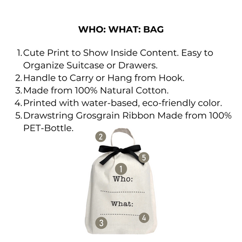 Bag-all Who What Bag in cream cotton with customizable text fields, black bow closure, and eco-friendly materials. Perfect for organized storage and personalized labeling.