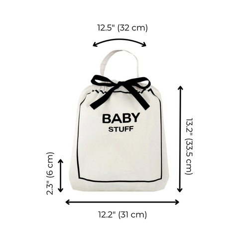 Bag-all Baby Couture Bag in Cream with dimensions: 13.2” x 12.2”. Stylish cotton pouch with drawstring closure for organizing baby essentials