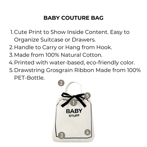 Bag-all Baby Couture Bag in Cream. Made from 100% natural cotton with eco-friendly print, grosgrain ribbon, and handle for easy carrying