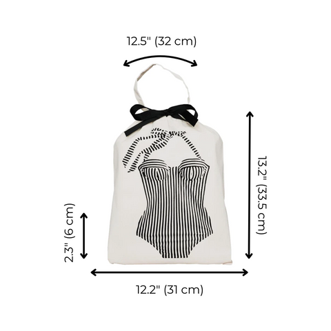 Bag-all Bretagne Swimsuit Travel Bag in cream cotton with vintage-style striped swimsuit design, black bow and drawstring closure, measures 12.5 x 13.2 inches