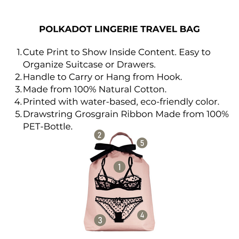 Bag-all Pink Polkadot Lingerie Travel Bag with eco-friendly cotton construction, featuring black lingerie print, drawstring closure and hanging hook - perfect for organizing delicates while traveling or at home