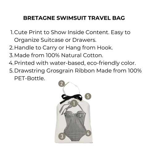 Bag-all Bretagne Swimsuit Travel Bag in cream cotton features swimsuit print, recycled drawstring closure, perfect for organizing beachwear during travel or storage