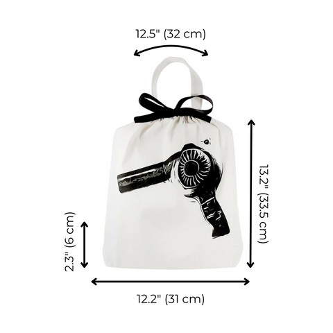 Bag-all Hair Dryer Travel Bag in cream with black hairdryer print, black bow handle, 32x31cm dimensions, perfect for organizing and storing hair styling tools
