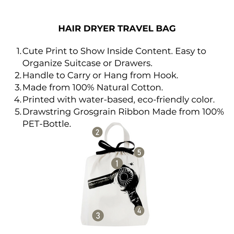 Bag-all Hair Dryer Travel Bag in cream cotton features cute hairdryer print, hanging handle, eco-friendly materials, and drawstring closure for organized storage and travel convenience