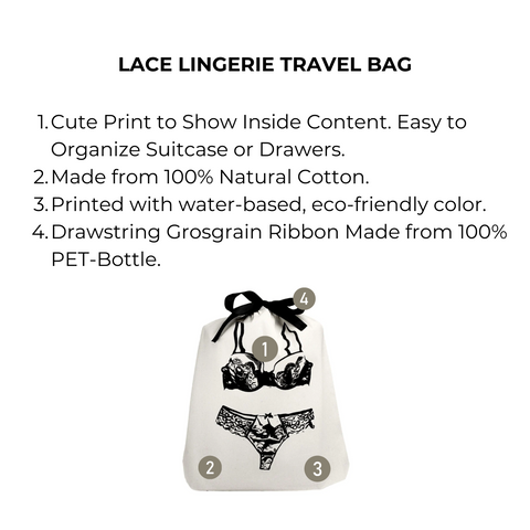 Bag-all Cream Lace Lingerie Travel Bag featuring black lingerie print design on natural cotton, with eco-friendly drawstring closure for organized travel and storage