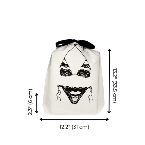 Bag-all Triangle Bikini Travel Bag in cream cotton with black bikini print design, featuring drawstring closure. 13.2 inch height, 12.2 inch width, perfect for swimwear storage and organization.