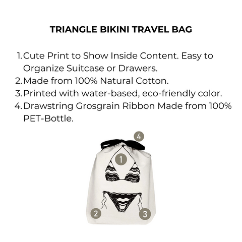 Bag-all Triangle Bikini Travel Bag in cream cotton with bikini illustration, eco-friendly drawstring closure, perfect for beach trips and suitcase organization