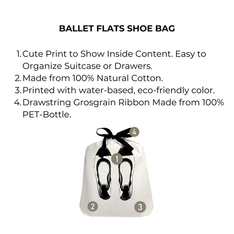 Bag-all Ballet Flats Shoe Bag in cream with black bow. Made from 100% cotton, eco-friendly print, and recycled grosgrain ribbon