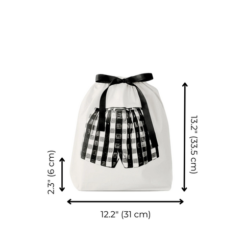 Bag-all Boxer Shorts Bag in cream cotton with black gingham shorts print and recycled drawstring, perfect for travel organization, 31x33cm organizer