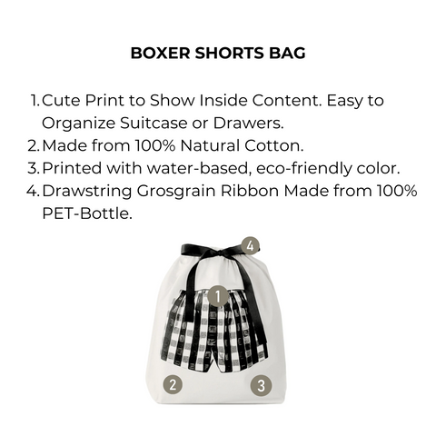 Bag-all Boxer Shorts Bag in cream cotton with black gingham shorts print, featuring eco-friendly recycled drawstring - perfect for travel organization