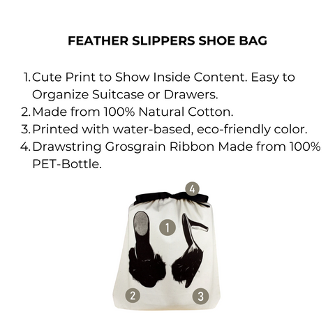 Bag-all Feather Slippers Shoe Bag in cream cotton with black slipper print design, eco-friendly drawstring organizer for travel and storage, fits two pairs of flats or slippers