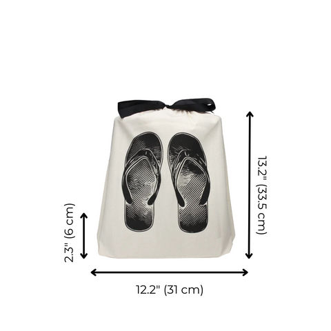 Bag-all Cream Flip Flops Shoe Bag featuring black flip-flop print design with black ribbon tie, sized 13.2 x 12.2 inches for organized beach and travel storage
