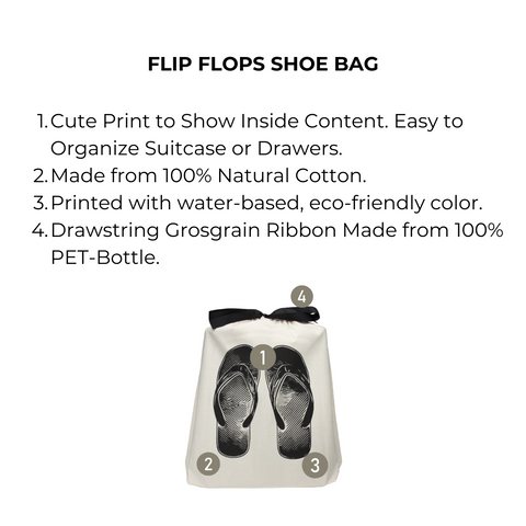 Bag-all cream cotton flip flops shoe bag with eco-friendly print and recycled drawstring, perfect for organizing multiple pairs in suitcase or beach bag. Natural travel storage solution.