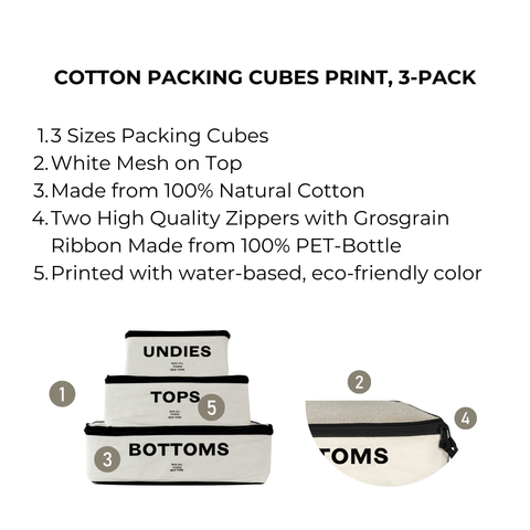 Bag-all Cotton Packing Cubes Print 3-pack Cream - Set of eco-friendly travel organizers with mesh top, featuring labeled compartments for Undies, Tops, and Bottoms, made from natural cotton with PET-bottle zippers