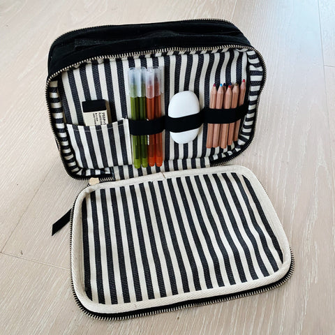 Bag-all Double Sided Multi Use Case in Black featuring striped interior, elastic organizers, dual zippers and mesh pocket - perfect for makeup, craft supplies or travel essentials