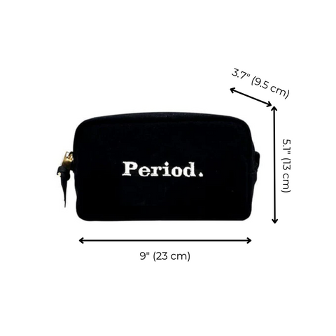 Bag-all Stylish Sanitary Pouch in black with white 'Period.' embroidery, measuring 9x5.1 inches, perfect for discreet feminine care storage and organization