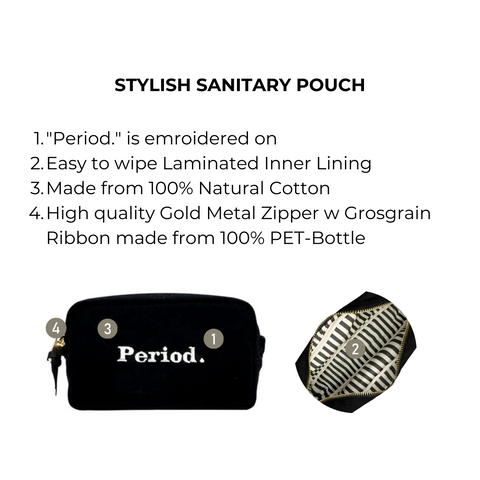 Bag-all Stylish Sanitary Pouch in black cotton with white Period embroidery, featuring laminated striped lining and gold zipper - perfect for discreet feminine care storage