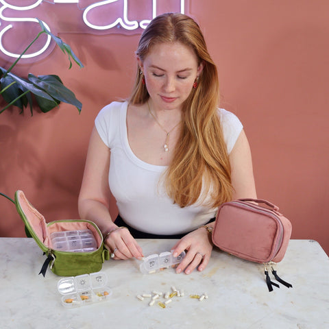 Bag-all Pink Velvet Weekly Pill Box Organizer with Handle - Eco-friendly medication storage case with 7-day compartments