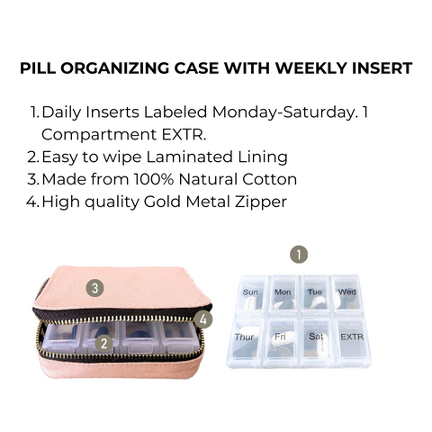 Bag-all Pink Pill Organizing Case with Weekly Pill Organizer featuring cotton exterior, gold zipper, and labeled compartments for daily medication storage Monday-Saturday plus extra space