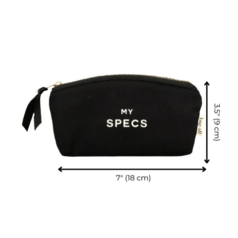 Bag-all Specs Glasses Case Black - Sleek cotton canvas eyewear protection with white 'MY SPECS' text, zipper closure, compact size 7x3.5 inches, perfect for daily use