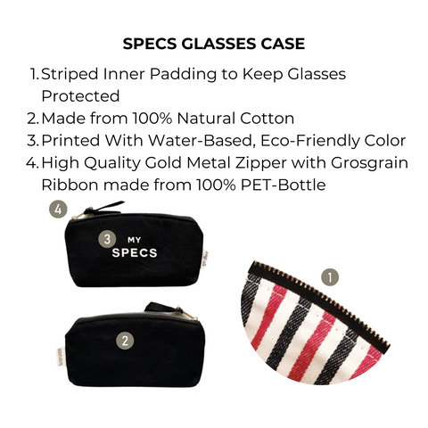 Bag-all Specs Glasses Case Black featuring striped inner padding, eco-friendly cotton construction, protective design with metal zipper, compact eyewear storage solution