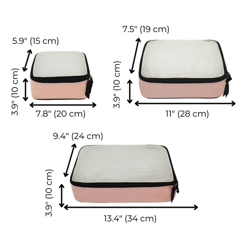 Bag-all Cotton Packing Cubes 3-pack in Pink/Blush featuring small, medium, and large sizes with mesh tops and dimensions clearly shown for organized travel packing