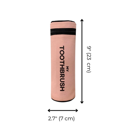 Bag-all Pink Toothbrush Travel Case - Stylish cylindrical holder in blush pink with black text and stripe, measuring 9.1 x 2.7 inches, perfect for storing multiple toothbrushes