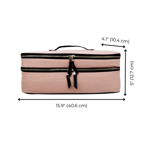 Bag-all Double Hair Tools Travel Case in pink blush with dual compartments, heat-protective lining, and secure bands for Dyson Airwrap storage, measures 15.9 x 5 x 4.1 inches