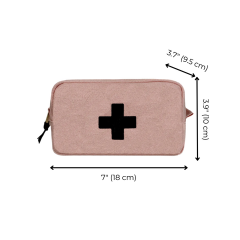 Bag-all First Aid Organizing Pouch in blush pink cotton, featuring black medical cross symbol, zippered closure, 7x3.9 inches, perfect for organizing medical essentials and travel