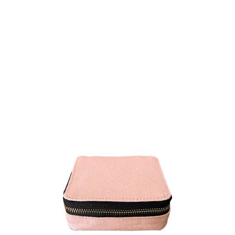 Bag-all Pink Jewelry/Trinket Box with gold zipper - compact travel organizer for accessories, featuring striped lining and elegant blush exterior