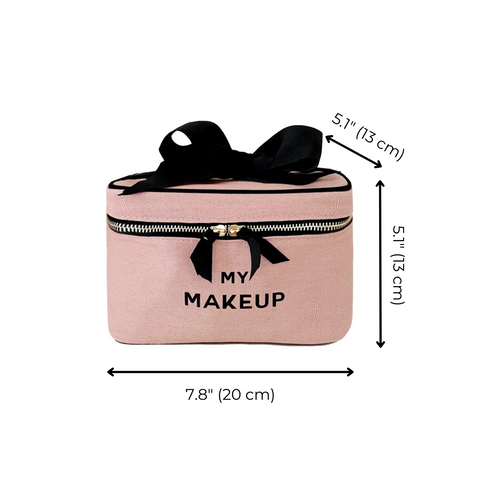 Bag-all My Makeup Cosmetic Box in blush pink with black bow, gold zipper detail, dimensions 7.8x5.1x5.1 inches, perfect for organizing beauty essentials