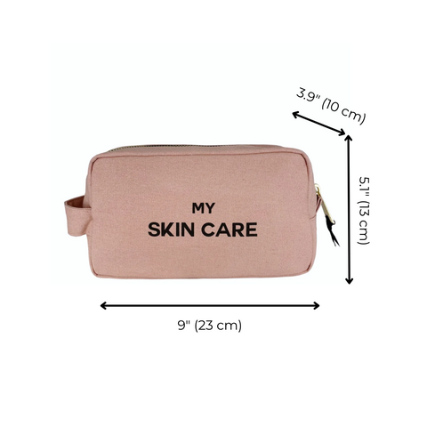 Bag-all My Skin Care Organizing Pouch in blush pink cotton with black text, waterproof interior lining, and side handle, measuring 9x3.9x5.1 inches