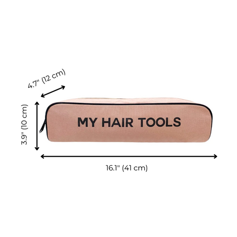 Bag-all Roomy Hair Tools Travel Case in pink blush with measurements 16.1 x 3.9 x 4.7 inches, featuring black text My Hair Tools and heat-resistant lining