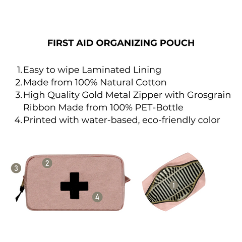 Bag-all First Aid Organizing Pouch in blush pink with black cross design, featuring laminated lining, natural cotton material, and gold zipper. View shows front and interior striped pattern.
