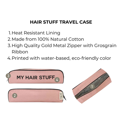 Bag-all Hair Stuff Travel Case in pink/blush with heat-resistant thermal lining, gold zipper, and cotton construction, perfect for storing styling tools and accessories