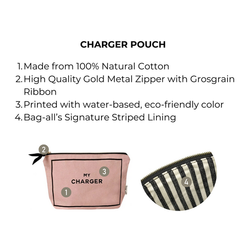 Bag-all Charger Pouch in pink/blush cotton with gold zipper and striped lining - organize cables and chargers in style. Features eco-friendly print and recycled ribbon detail.