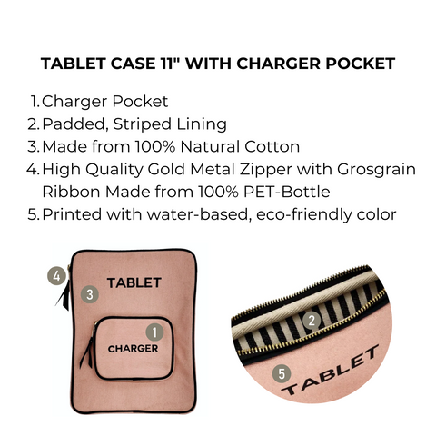 Bag-all Pink Tablet Case 11" with charger pocket features padded cotton construction, eco-friendly striped lining, gold zipper, and convenient front compartment for cables. Sustainably made with PET ribbon.