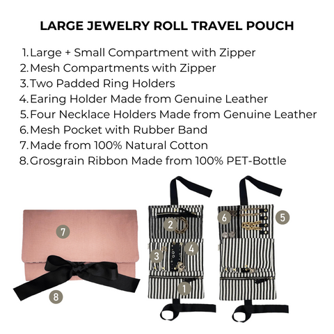 Bag-all Large Jewelry Roll Travel Pouch in pink/blush featuring multiple compartments, genuine leather holders, mesh pockets, and sustainable grosgrain ribbon closure for organized jewelry storage