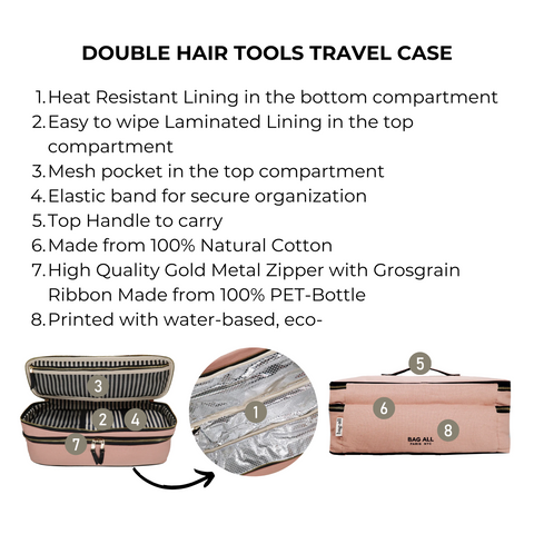 Bag-all Double Hair Tools Travel Case in Pink/Blush features heat-resistant lining, mesh pocket, elastic bands, and premium gold zipper for secure storage and travel organization of Dyson Airwrap and styling tools
