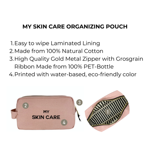 Bag-all My Skin Care Organizing Pouch in pink/blush with waterproof lining, gold zipper, and striped interior. Natural cotton beauty organizer with eco-friendly features.