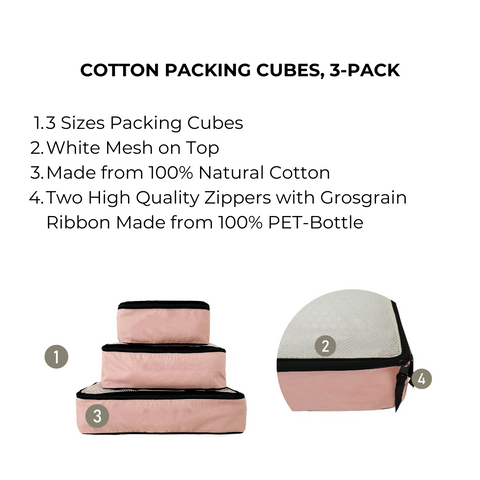 Bag-all Cotton Packing Cubes 3-pack in Pink/Blush featuring mesh tops, premium zippers, and natural cotton construction. Set includes small, medium, and large organizers for efficient travel packing.