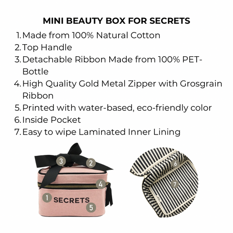 Bag-all Mini Beauty Box for Secrets in blush pink cotton with gold zipper, black handle, and striped interior lining - portable makeup organizer with Secrets print and easy-clean design