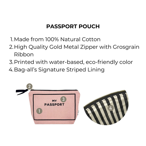 Bag-all Passport Pouch in blush pink cotton with gold zipper and striped lining, featuring eco-friendly materials and secure document storage